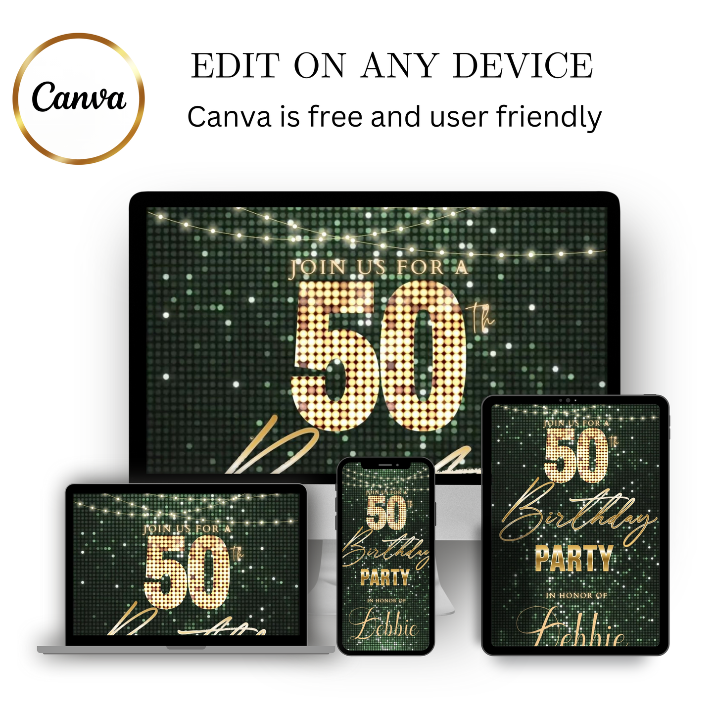 Editable sage green gold glitter 50th birthday video invitation displayed on a mobile phone, featuring an animated vertical digital invite with music, created in Canva. This premium video invitation template is designed for sharing by text, email, and social media and works with an interactive RSVP website for easy guest response tracking.