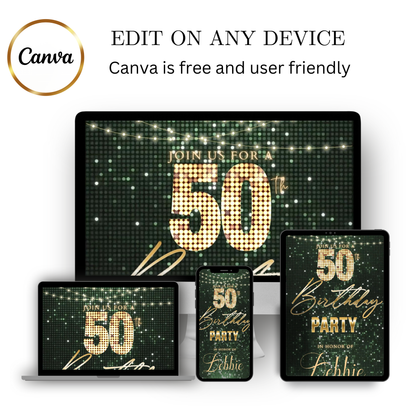 Editable sage green gold glitter 50th birthday video invitation displayed on a mobile phone, featuring an animated vertical digital invite with music, created in Canva. This premium video invitation template is designed for sharing by text, email, and social media and works with an interactive RSVP website for easy guest response tracking.