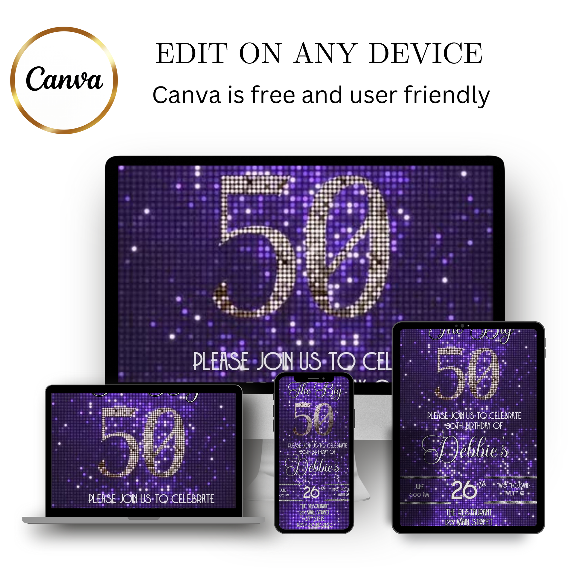 Editable purple sequin 50th birthday video invitation displayed on a mobile phone, featuring an animated vertical digital invite with music, created in Canva. This premium video invitation template is designed for sharing by text, email, and social media and works with an interactive RSVP website for easy guest response tracking.