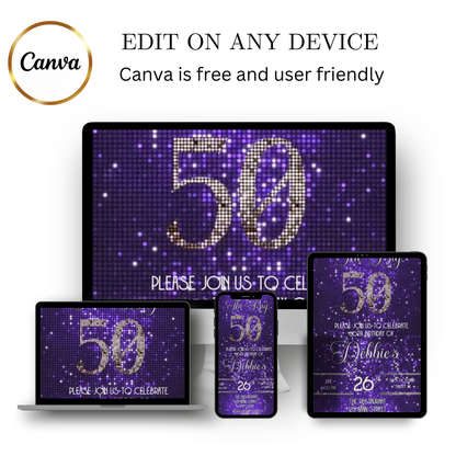 Editable purple sequin 50th birthday video invitation displayed on a mobile phone, featuring an animated vertical digital invite with music, created in Canva. This premium video invitation template is designed for sharing by text, email, and social media and works with an interactive RSVP website for easy guest response tracking.