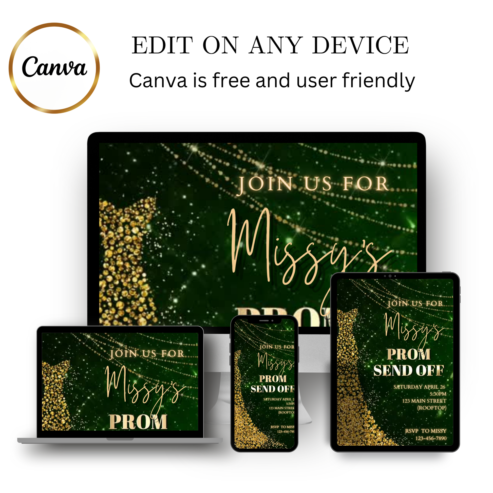 Editable green gold sparkle prom send off video invitation displayed on a mobile phone, featuring an animated vertical digital invite with music, created in Canva. This premium video invitation template is designed for sharing by text, email, and social media and works with an interactive RSVP website for easy guest response tracking.