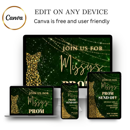 Editable green gold sparkle prom send off video invitation displayed on a mobile phone, featuring an animated vertical digital invite with music, created in Canva. This premium video invitation template is designed for sharing by text, email, and social media and works with an interactive RSVP website for easy guest response tracking.