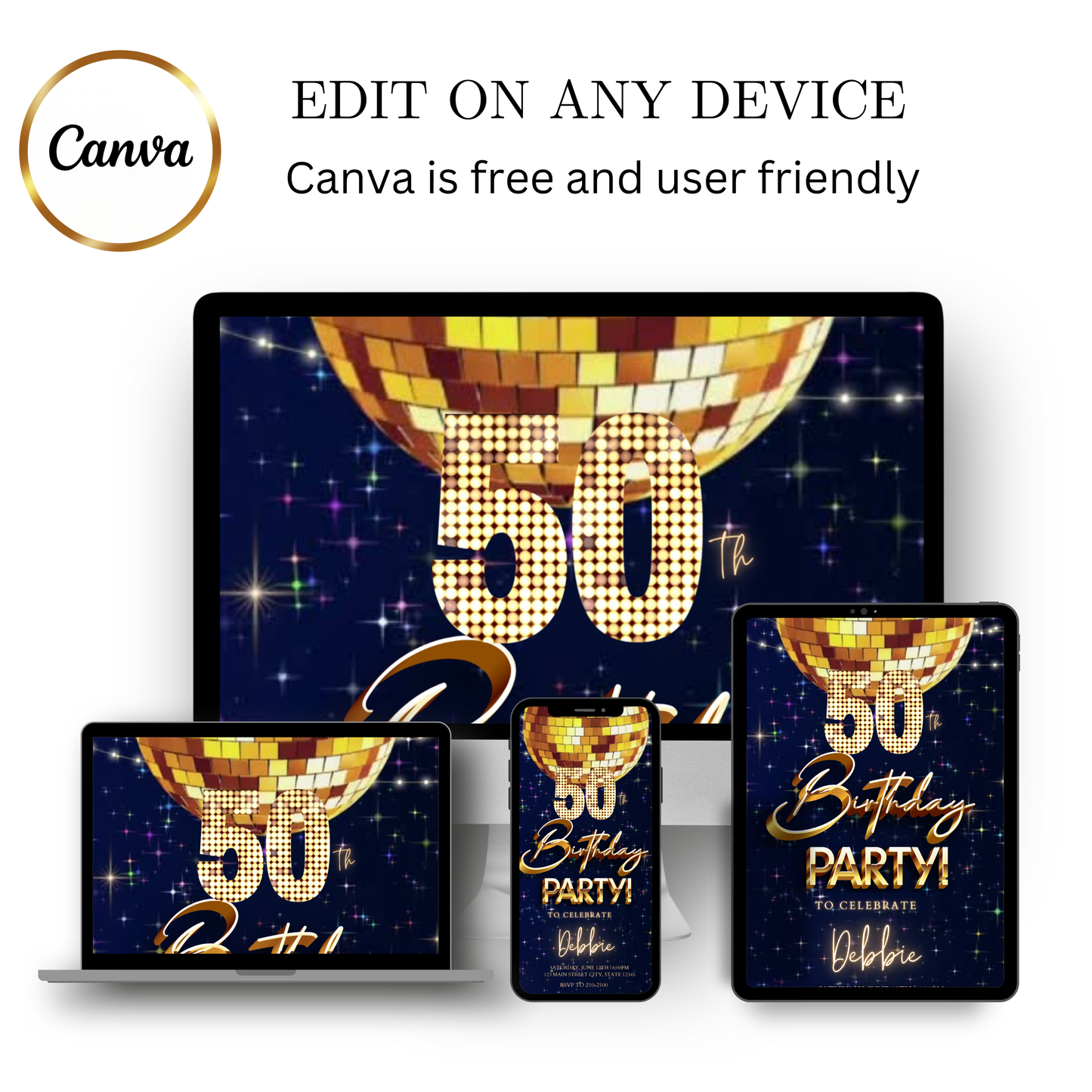 Editable gold bokeh luxury 50th birthday video invitation displayed on a mobile phone, featuring an animated vertical digital invite with music, created in Canva. This premium video invitation template is designed for sharing by text, email, and social media and works with an interactive RSVP website for easy guest response tracking.