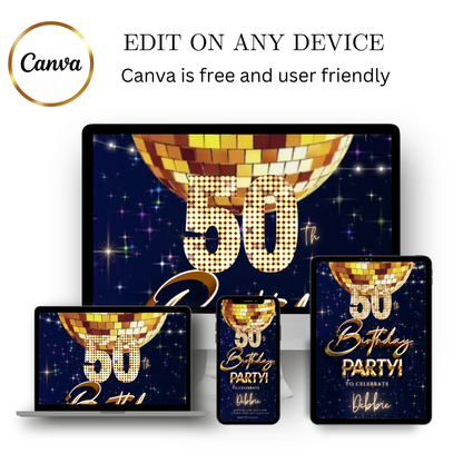 Editable gold bokeh luxury 50th birthday video invitation displayed on a mobile phone, featuring an animated vertical digital invite with music, created in Canva. This premium video invitation template is designed for sharing by text, email, and social media and works with an interactive RSVP website for easy guest response tracking.