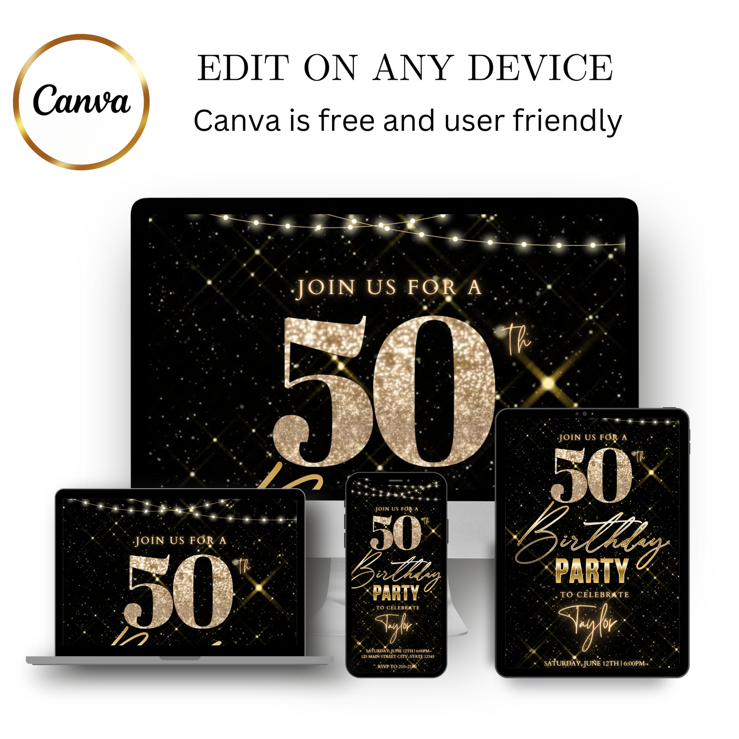 Editable black gold sparkle 50th birthday video invitation displayed on a mobile phone, featuring an animated vertical digital invite with music, created in Canva. This premium video invitation template is designed for sharing by text, email, and social media and works with an interactive RSVP website for easy guest response tracking.