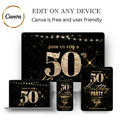 Editable black gold sparkle 50th birthday video invitation displayed on a mobile phone, featuring an animated vertical digital invite with music, created in Canva. This premium video invitation template is designed for sharing by text, email, and social media and works with an interactive RSVP website for easy guest response tracking.