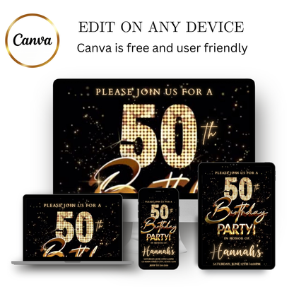 Editable gold fireworks 50th birthday party video invitation displayed on a mobile phone, featuring an animated vertical digital invite with music, created in Canva. This premium video invitation template is designed for sharing by text, email, and social media and works with an interactive RSVP website for easy guest response tracking.
