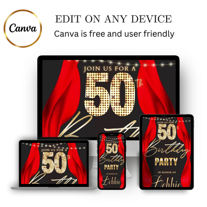 Editable red curtain 50th birthday party video invitation displayed on a mobile phone, featuring an animated vertical digital invite with music, created in Canva. This premium video invitation template is designed for sharing by text, email, and social media and works with an interactive RSVP website for easy guest response tracking.