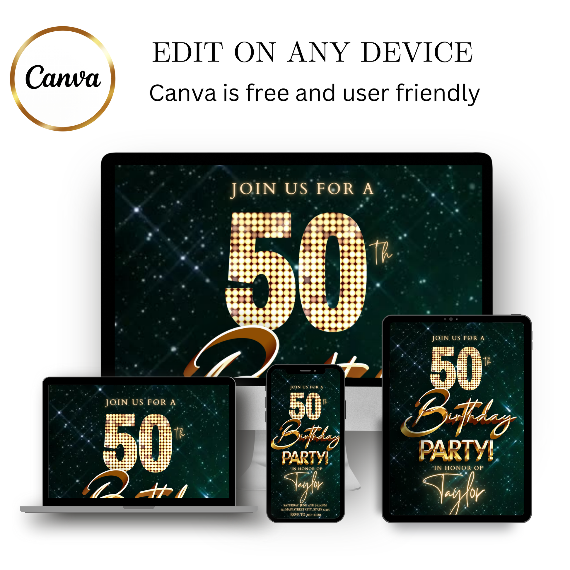 Editable emerald green gold glam 50th birthday video invitation displayed on a mobile phone, featuring an animated vertical digital invite with music, created in Canva. This premium video invitation template is designed for sharing by text, email, and social media and works with an interactive RSVP website for easy guest response tracking.