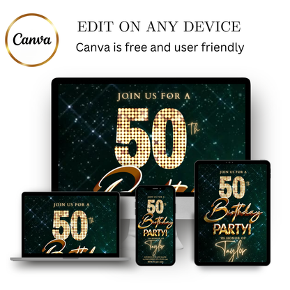 Editable emerald green gold glam 50th birthday video invitation displayed on a mobile phone, featuring an animated vertical digital invite with music, created in Canva. This premium video invitation template is designed for sharing by text, email, and social media and works with an interactive RSVP website for easy guest response tracking.