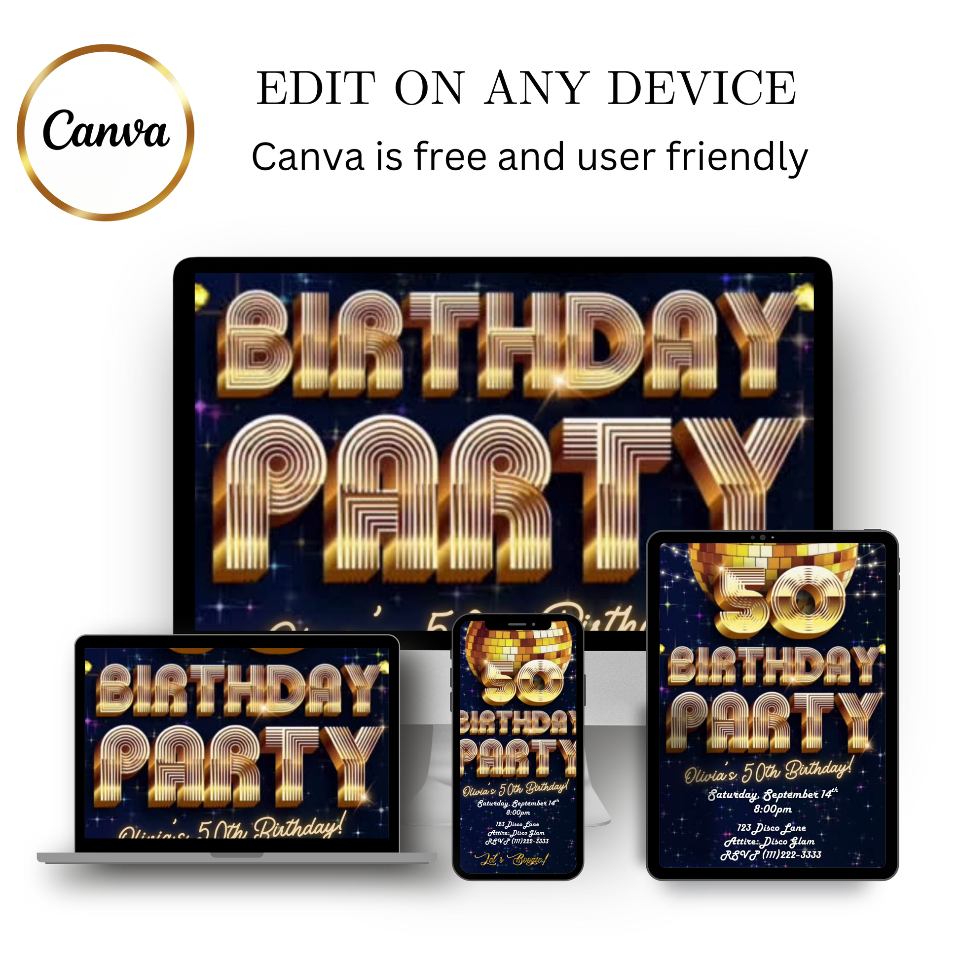 Editable gold disco 50th birthday video invitation displayed on a mobile phone, featuring an animated vertical digital invite with music, created in Canva. This premium video invitation template is designed for sharing by text, email, and social media and works with an interactive RSVP website for easy guest response tracking.