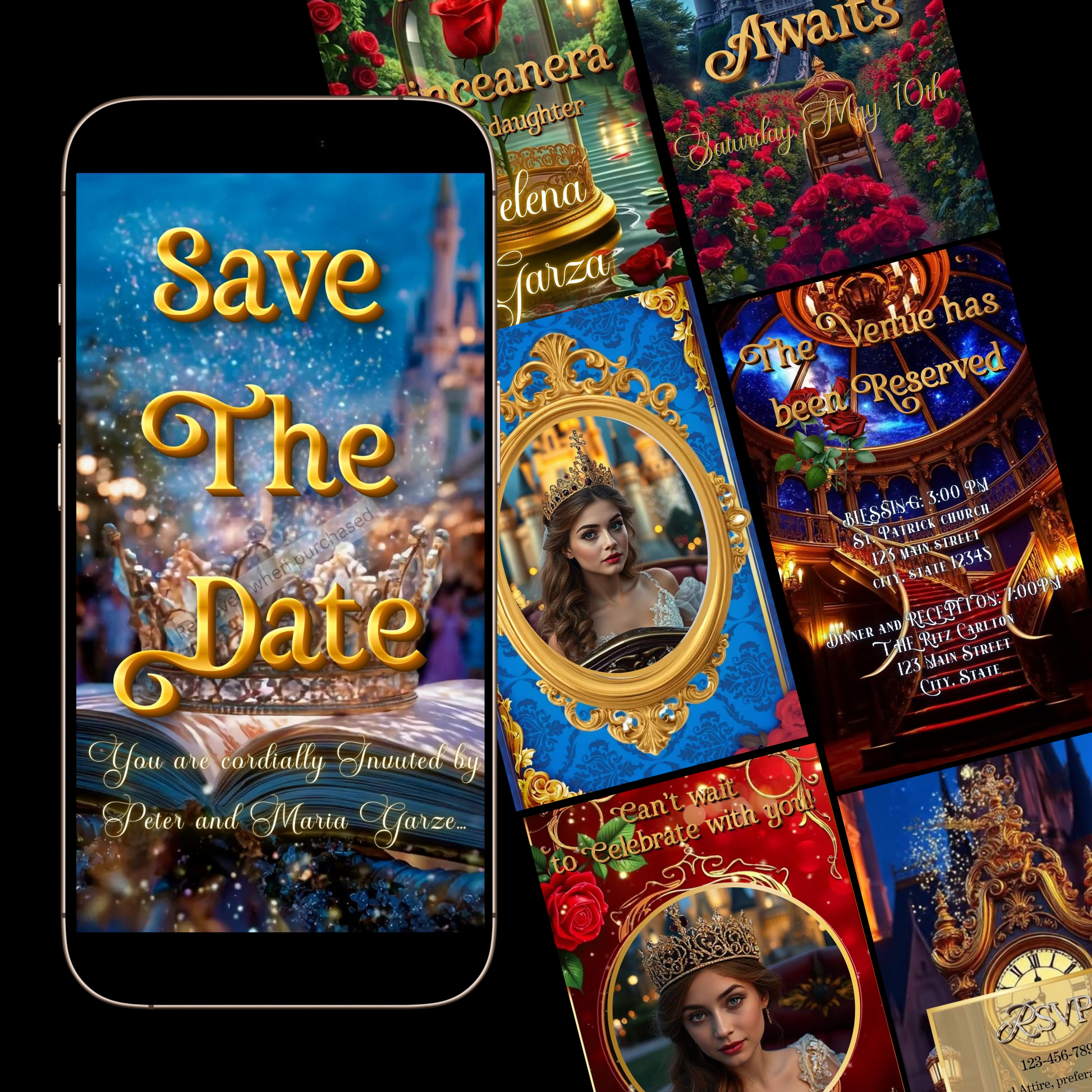 Editable beauty and the beast fairytale quinceañera event video invitation displayed on a mobile phone, featuring an animated vertical digital invite with music, created in Canva. This premium video invitation template is designed for sharing by text, email, and social media and works with an interactive RSVP website for easy guest response tracking.