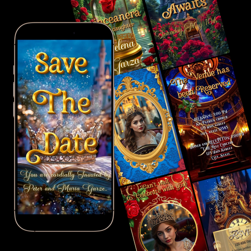 Editable beauty and the beast fairytale quinceañera event video invitation displayed on a mobile phone, featuring an animated vertical digital invite with music, created in Canva. This premium video invitation template is designed for sharing by text, email, and social media and works with an interactive RSVP website for easy guest response tracking.