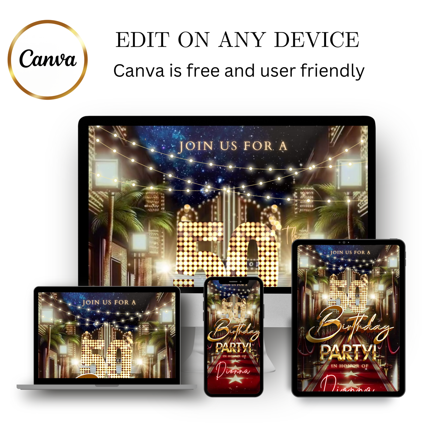 Editable hollywood red carpet 50th birthday video invitation displayed on a mobile phone, featuring an animated vertical digital invite with music, created in Canva. This premium video invitation template is designed for sharing by text, email, and social media and works with an interactive RSVP website for easy guest response tracking.