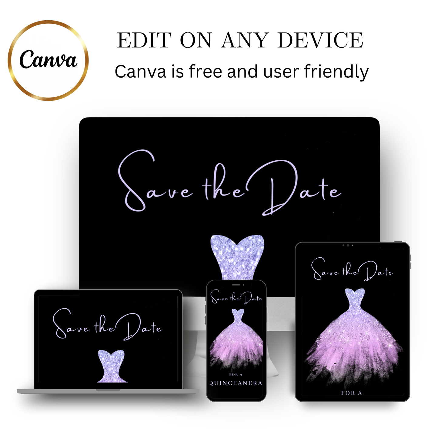 Editable purple glitter dress Quinceañera video invitation displayed on a mobile phone, featuring an animated vertical digital invite with music, created in Canva. This premium video invitation template is designed for sharing by text, email, and social media and works with an interactive RSVP website for easy guest response tracking.