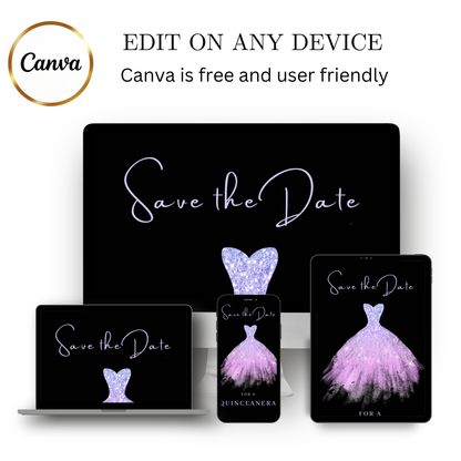 Editable purple glitter dress Quinceañera video invitation displayed on a mobile phone, featuring an animated vertical digital invite with music, created in Canva. This premium video invitation template is designed for sharing by text, email, and social media and works with an interactive RSVP website for easy guest response tracking.