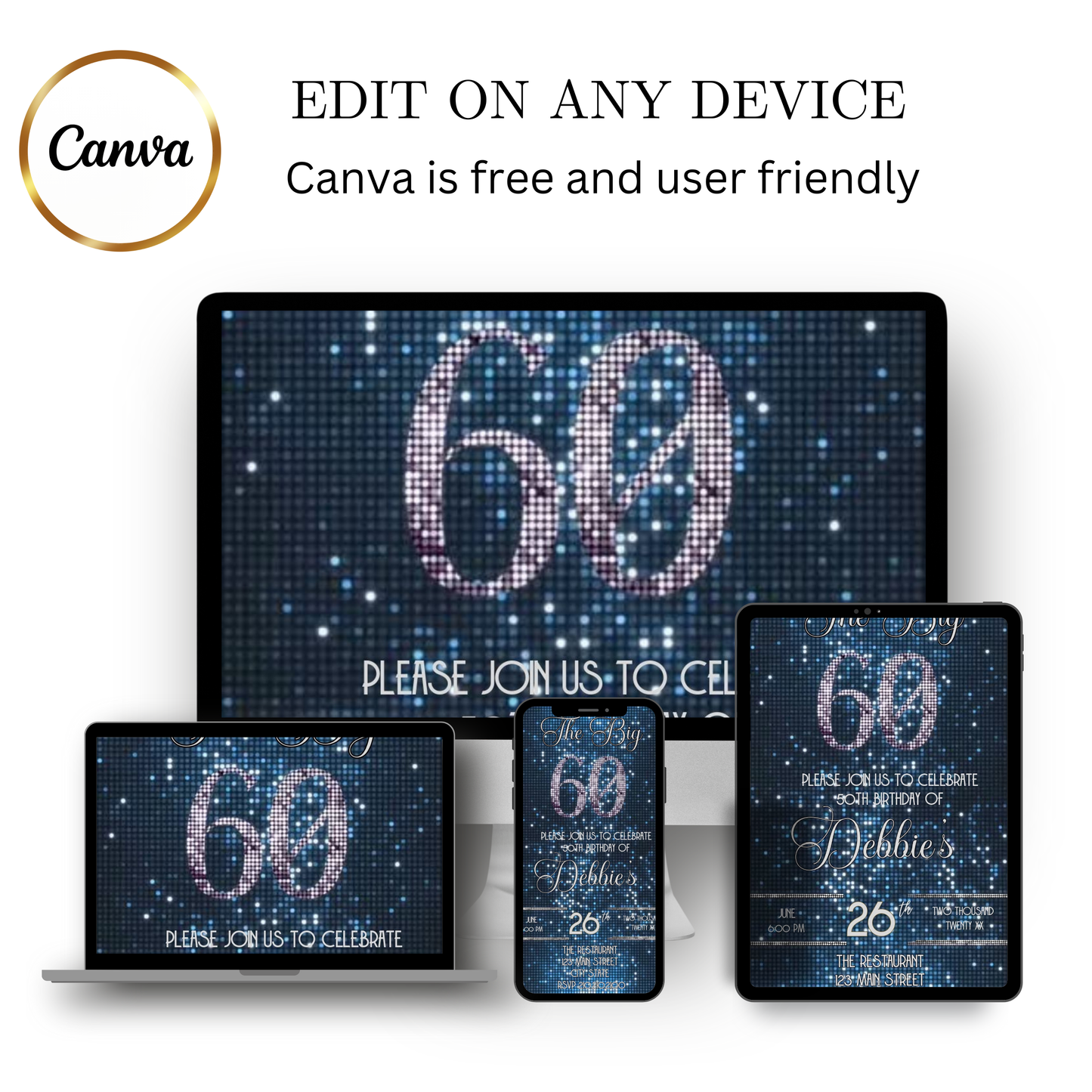 Editable blue sequin 60th birthday video invitation displayed on a mobile phone, featuring an animated vertical digital invite with music, created in Canva. This premium video invitation template is designed for sharing by text, email, and social media and works with an interactive RSVP website for easy guest response tracking.