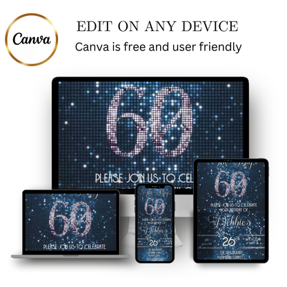 Editable blue sequin 60th birthday video invitation displayed on a mobile phone, featuring an animated vertical digital invite with music, created in Canva. This premium video invitation template is designed for sharing by text, email, and social media and works with an interactive RSVP website for easy guest response tracking.