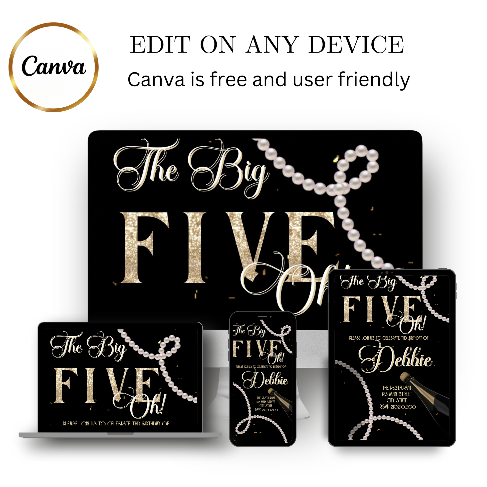 Editable pearl black gold 50th birthday video invitation displayed on a mobile phone, featuring an animated vertical digital invite with music, created in Canva. This premium video invitation template is designed for sharing by text, email, and social media and works with an interactive RSVP website for easy guest response tracking.