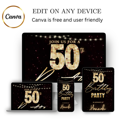 Editable maroon gold glitter 50th birthday video invitation displayed on a mobile phone, featuring an animated vertical digital invite with music, created in Canva. This premium video invitation template is designed for sharing by text, email, and social media and works with an interactive RSVP website for easy guest response tracking.