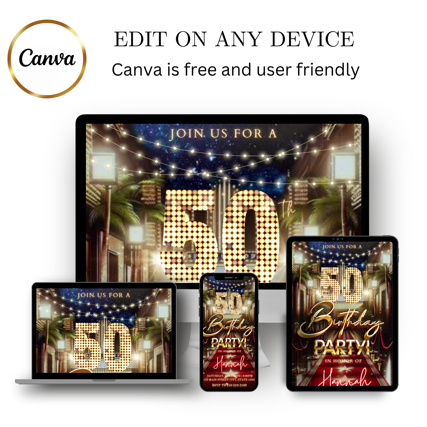 Editable hollywood red carpet 50th birthday video invitation displayed on a mobile phone, featuring an animated vertical digital invite with music, created in Canva. This premium video invitation template is designed for sharing by text, email, and social media and works with an interactive RSVP website for easy guest response tracking.