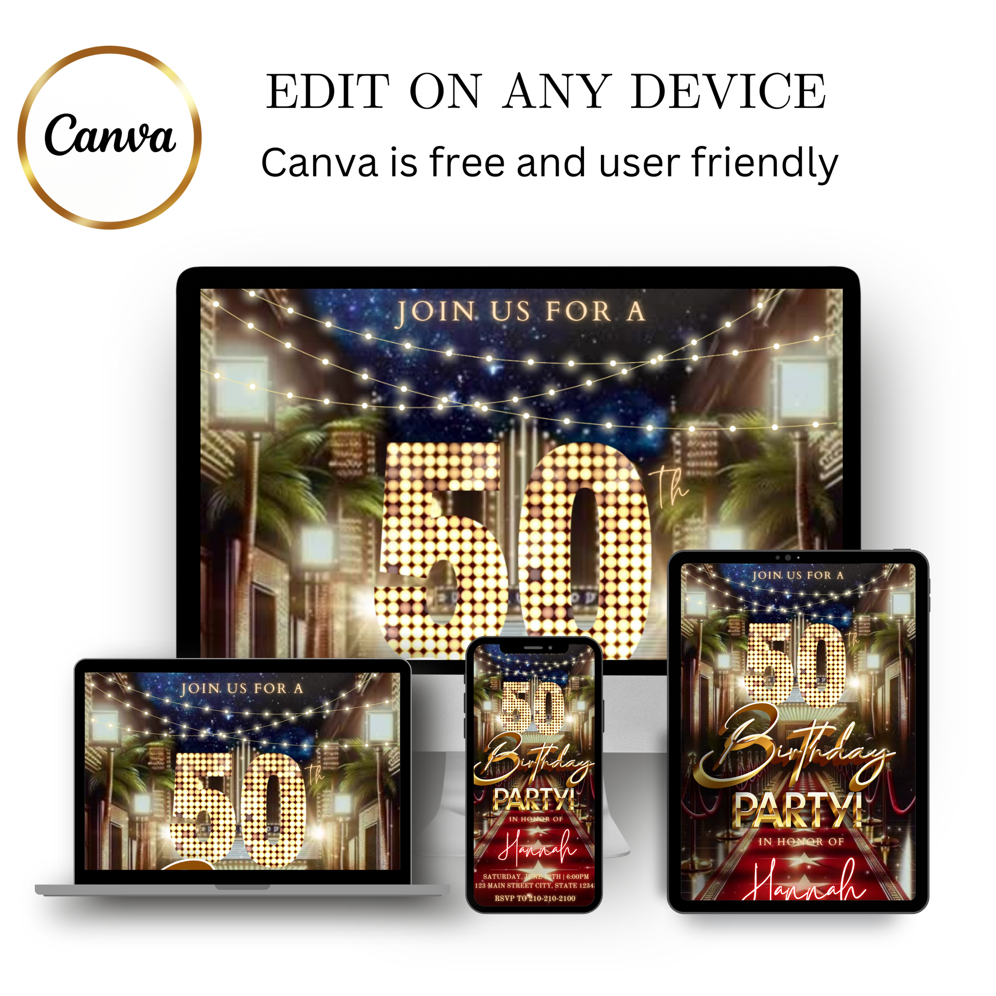 Editable hollywood red carpet 50th birthday video invitation displayed on a mobile phone, featuring an animated vertical digital invite with music, created in Canva. This premium video invitation template is designed for sharing by text, email, and social media and works with an interactive RSVP website for easy guest response tracking.