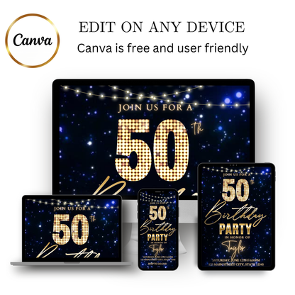 Editable gold black elegant 50th birthday video invitation displayed on a mobile phone, featuring an animated vertical digital invite with music, created in Canva. This premium video invitation template is designed for sharing by text, email, and social media and works with an interactive RSVP website for easy guest response tracking.