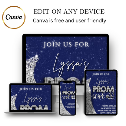 Editable navy blue silver prom send off video invitation displayed on a mobile phone, featuring an animated vertical digital invite with music, created in Canva. This premium video invitation template is designed for sharing by text, email, and social media and works with an interactive RSVP website for easy guest response tracking.