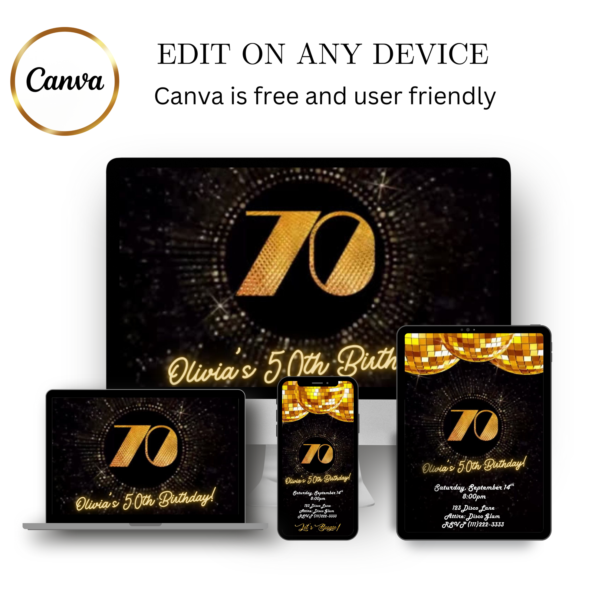 Editable gold disco 70th birthday video invitation displayed on a mobile phone, featuring an animated vertical digital invite with music, created in Canva. This premium video invitation template is designed for sharing by text, email, and social media and works with an interactive RSVP website for easy guest response tracking.