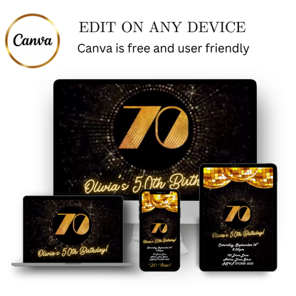 Editable gold disco 70th birthday video invitation displayed on a mobile phone, featuring an animated vertical digital invite with music, created in Canva. This premium video invitation template is designed for sharing by text, email, and social media and works with an interactive RSVP website for easy guest response tracking.