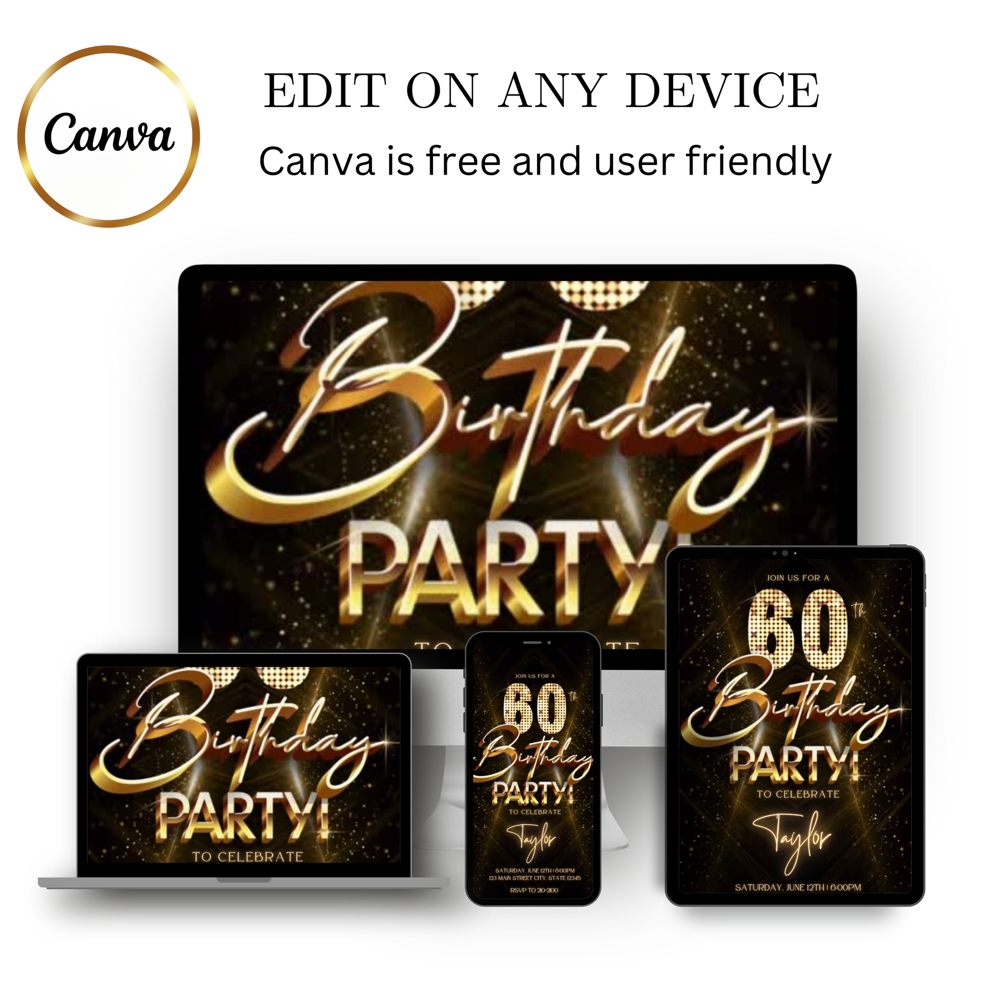 Editable gold glitter 60th birthday video invitation displayed on a mobile phone, featuring an animated vertical digital invite with music, created in Canva. This premium video invitation template is designed for sharing by text, email, and social media and works with an interactive RSVP website for easy guest response tracking.