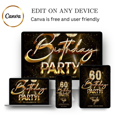 Editable gold glitter 60th birthday video invitation displayed on a mobile phone, featuring an animated vertical digital invite with music, created in Canva. This premium video invitation template is designed for sharing by text, email, and social media and works with an interactive RSVP website for easy guest response tracking.