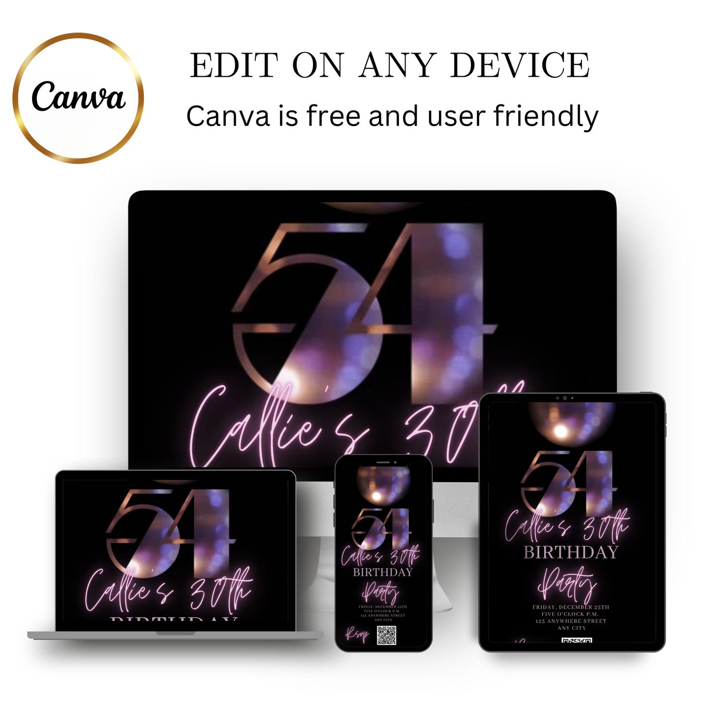 Editable subtle disco 54th birthday video invitation displayed on a mobile phone, featuring an animated vertical digital invite with music, created in Canva. This premium video invitation template is designed for sharing by text, email, and social media and works with an interactive RSVP website for easy guest response tracking.