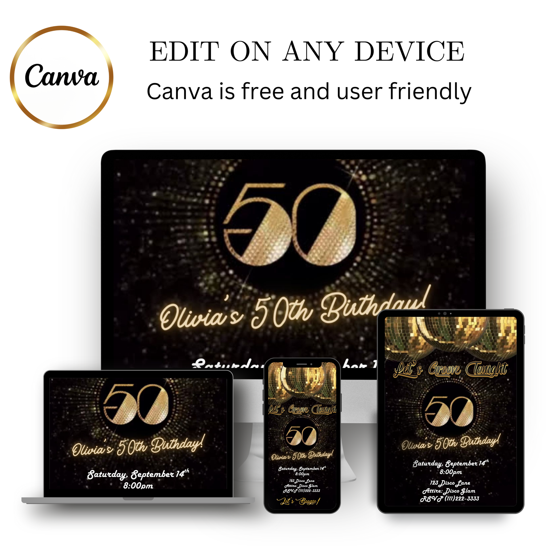 Editable gold disco 50th birthday video invitation displayed on a mobile phone, featuring an animated vertical digital invite with music, created in Canva. This premium video invitation template is designed for sharing by text, email, and social media and works with an interactive RSVP website for easy guest response tracking.