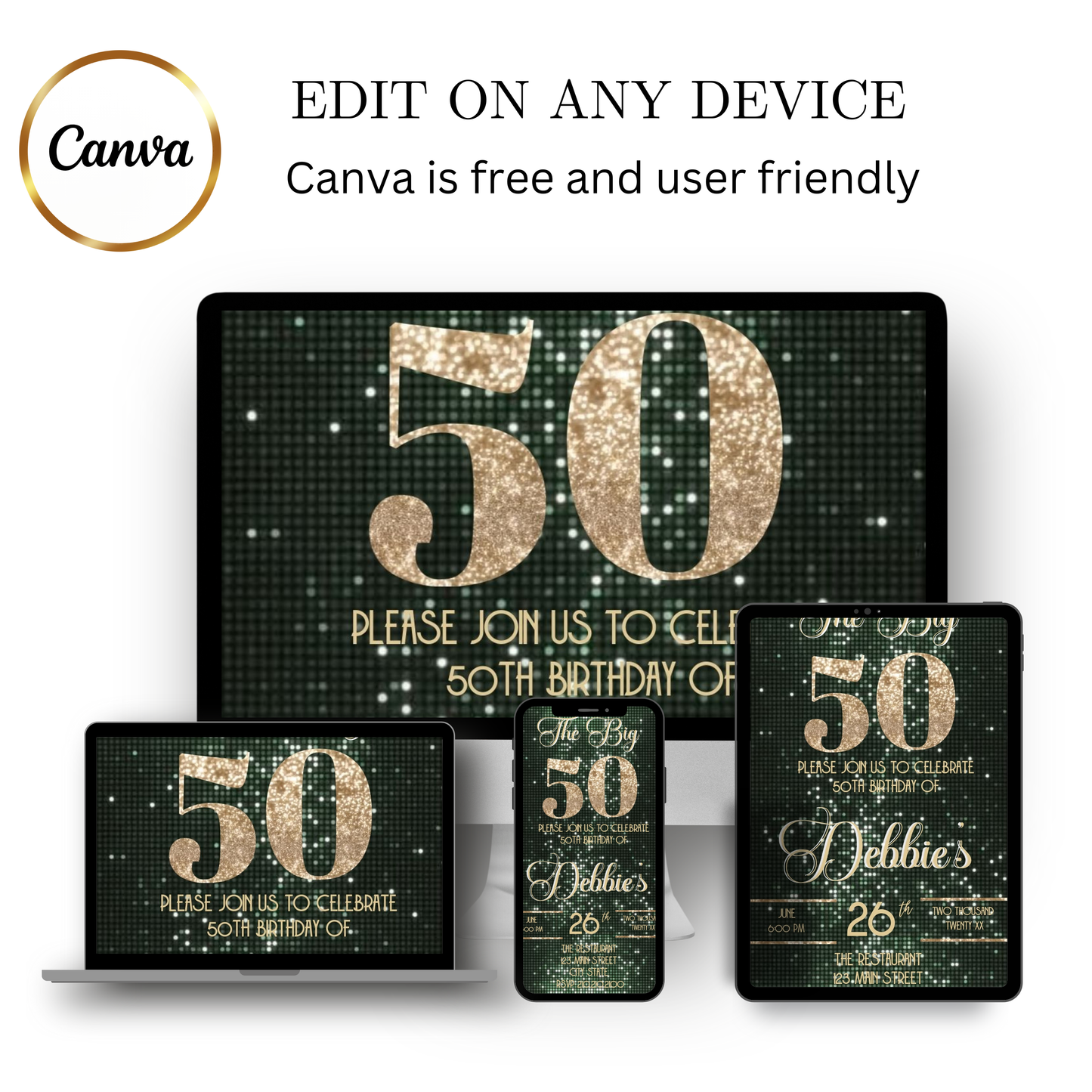 Editable sage green & gold 50th birthday video invitation displayed on a mobile phone, featuring an animated vertical digital invite with music, created in Canva. This premium video invitation template is designed for sharing by text, email, and social media and works with an interactive RSVP website for easy guest response tracking.