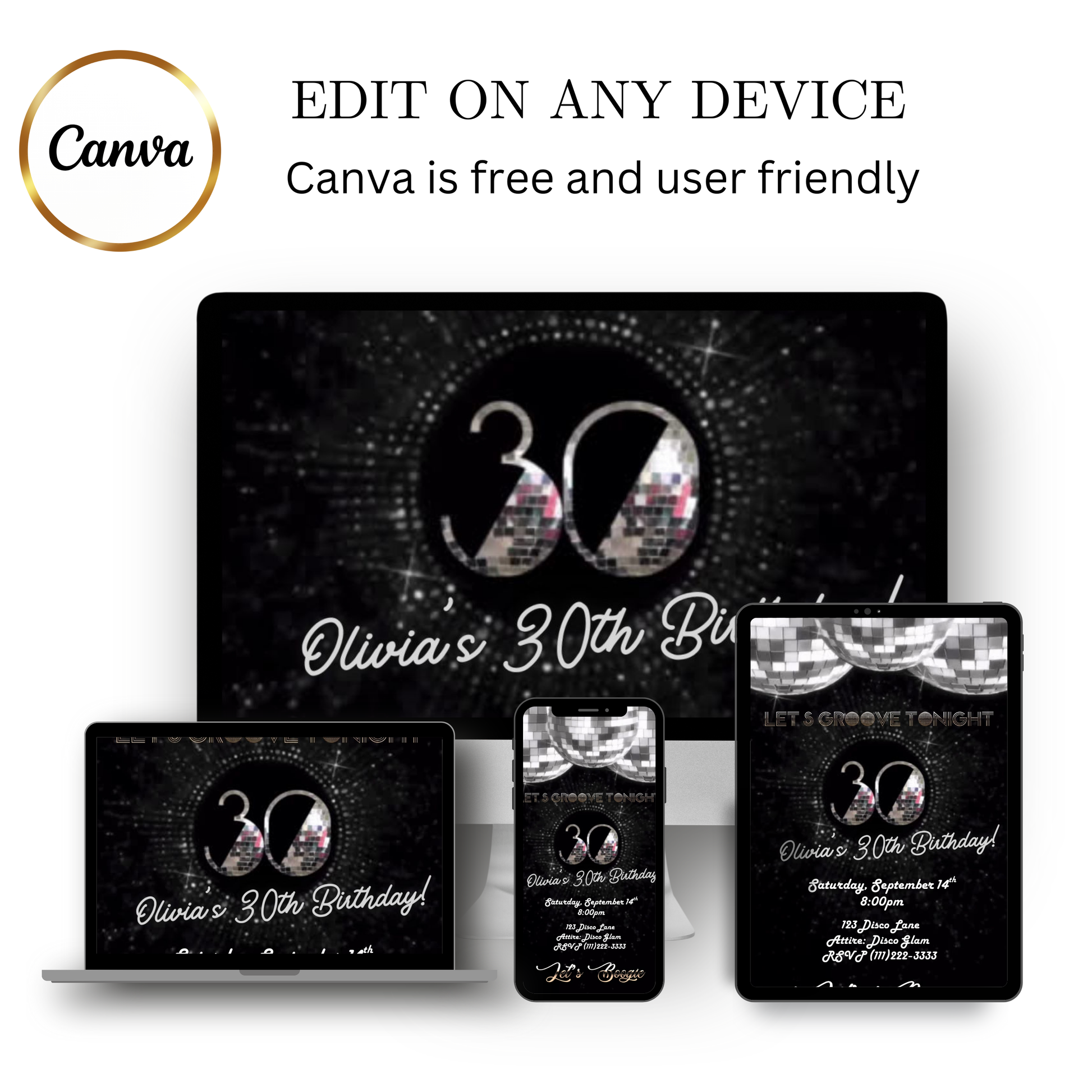 Editable silver disco 30th birthday video invitation displayed on a mobile phone, featuring an animated vertical digital invite with music, created in Canva. This premium video invitation template is designed for sharing by text, email, and social media and works with an interactive RSVP website for easy guest response tracking.