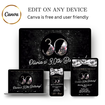 Editable silver disco 30th birthday video invitation displayed on a mobile phone, featuring an animated vertical digital invite with music, created in Canva. This premium video invitation template is designed for sharing by text, email, and social media and works with an interactive RSVP website for easy guest response tracking.