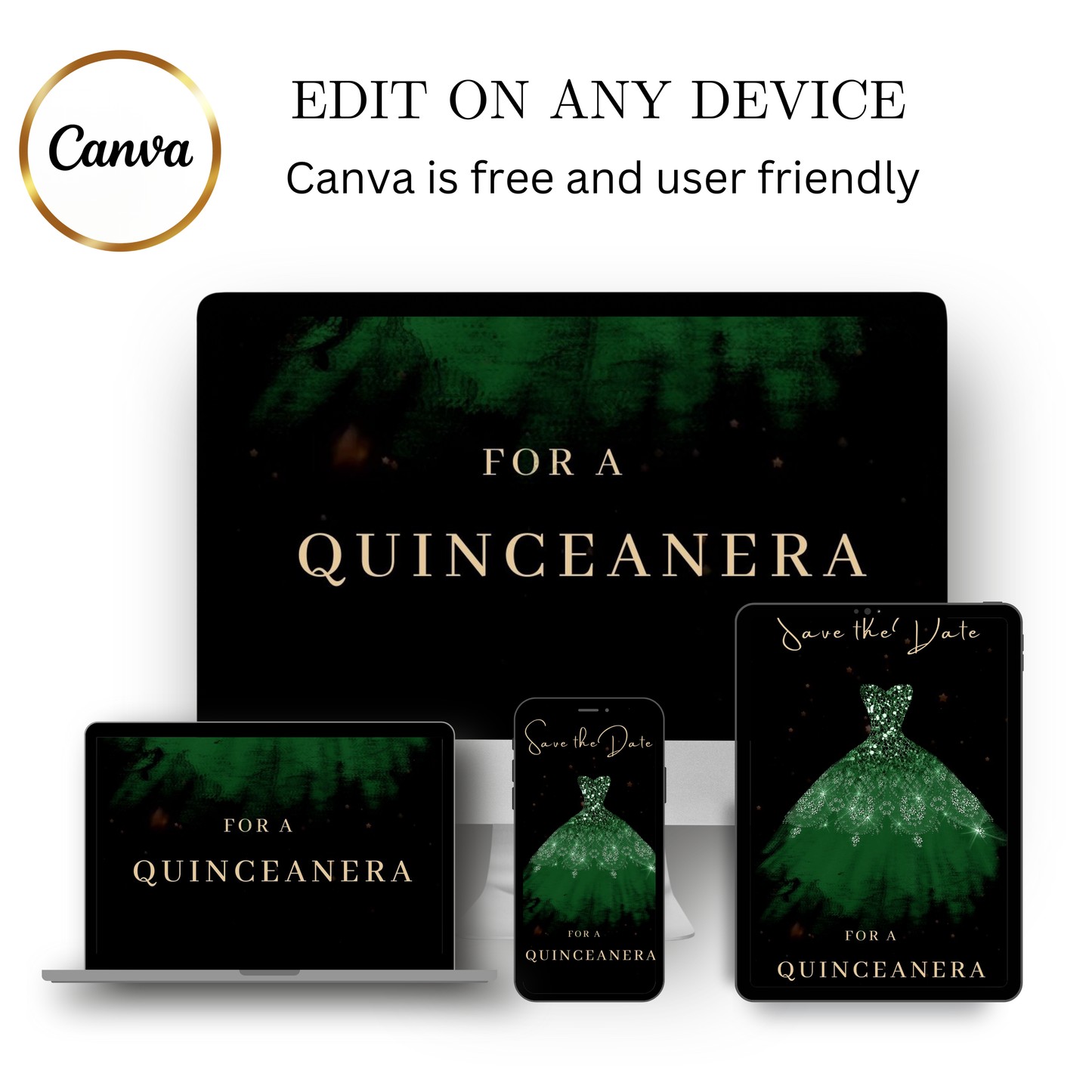 Editable emerald green quinceañera video invitation displayed on a mobile phone, featuring an animated vertical digital invite with music, created in Canva. This premium video invitation template is designed for sharing by text, email, and social media and works with an interactive RSVP website for easy guest response tracking.