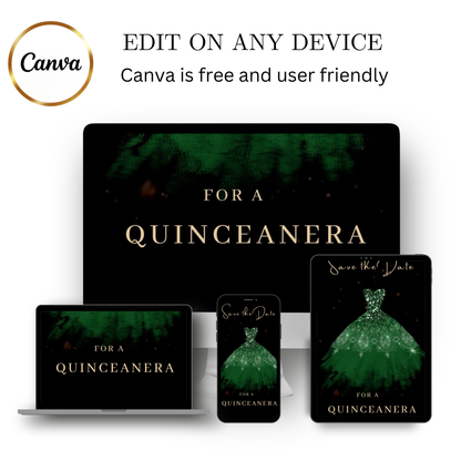 Editable emerald green quinceañera video invitation displayed on a mobile phone, featuring an animated vertical digital invite with music, created in Canva. This premium video invitation template is designed for sharing by text, email, and social media and works with an interactive RSVP website for easy guest response tracking.