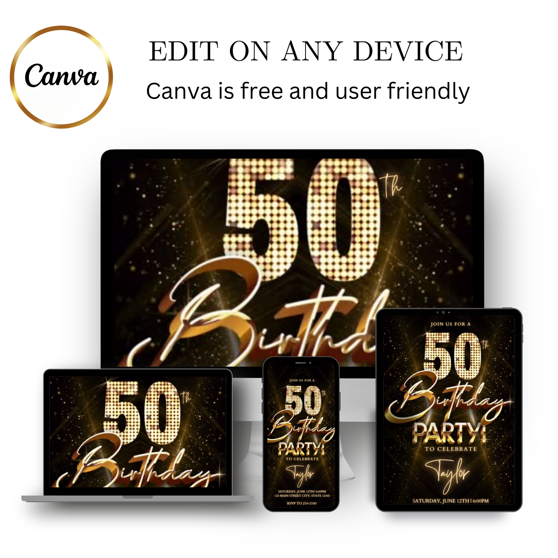 Editable gold glitter 50th birthday party video invitation displayed on a mobile phone, featuring an animated vertical digital invite with music, created in Canva. This premium video invitation template is designed for sharing by text, email, and social media and works with an interactive RSVP website for easy guest response tracking.