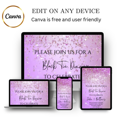 Editable purple watercolor glitter black tie engagement dinner video invitation displayed on a mobile phone, featuring an animated vertical digital invite with music, created in Canva. This premium video invitation template is designed for sharing by text, email, and social media and works with an interactive RSVP website for easy guest response tracking.