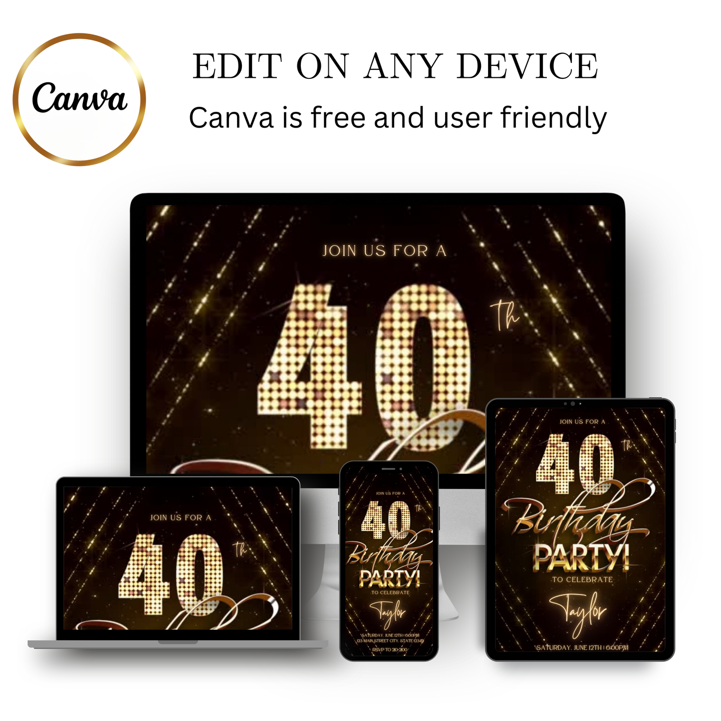 Editable gold glitter 40th birthday video invitation displayed on a mobile phone, featuring an animated vertical digital invite with music, created in Canva. This premium video invitation template is designed for sharing by text, email, and social media and works with an interactive RSVP website for easy guest response tracking.