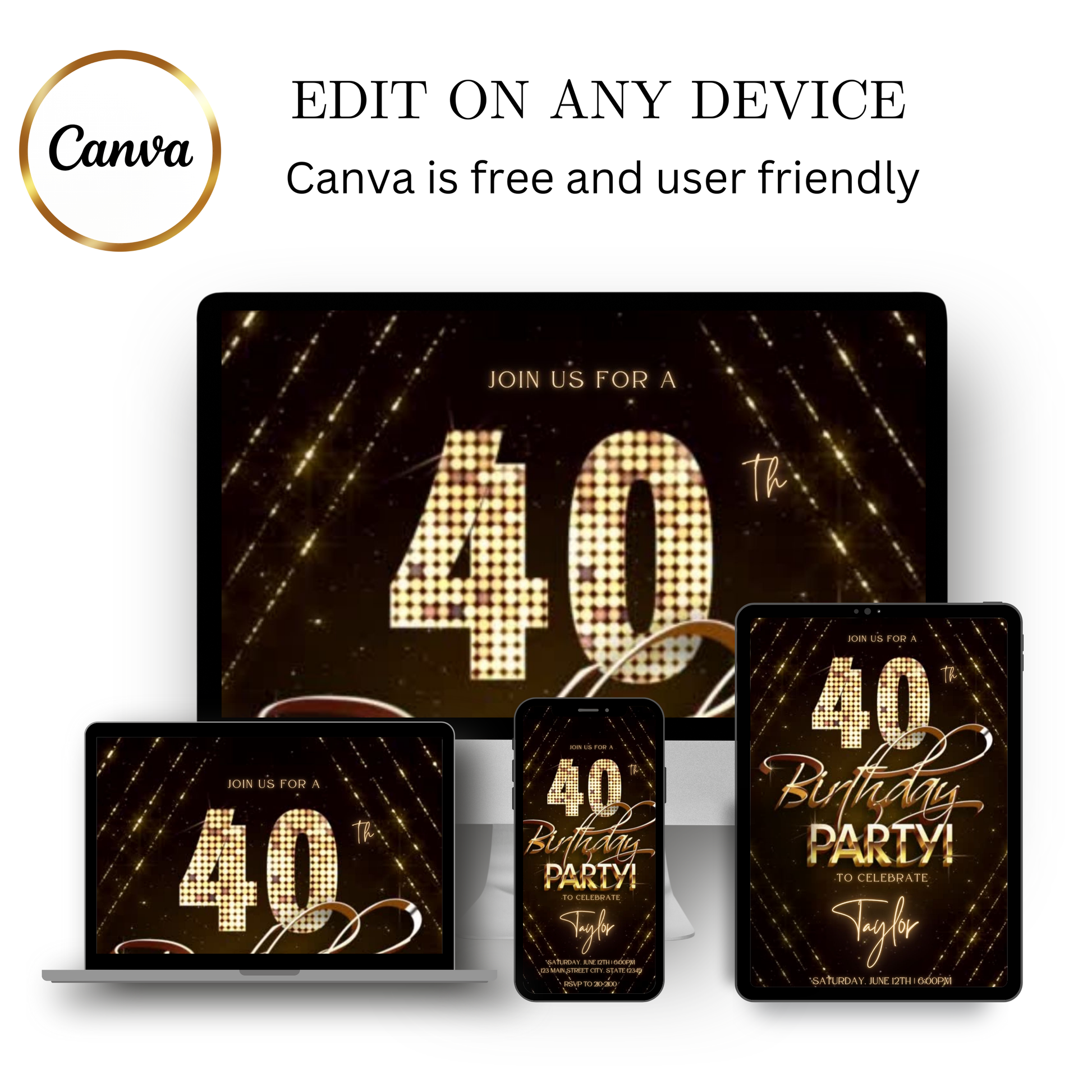 Editable gold glitter 40th birthday video invitation displayed on a mobile phone, featuring an animated vertical digital invite with music, created in Canva. This premium video invitation template is designed for sharing by text, email, and social media and works with an interactive RSVP website for easy guest response tracking.