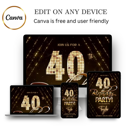 Editable gold glitter 40th birthday video invitation displayed on a mobile phone, featuring an animated vertical digital invite with music, created in Canva. This premium video invitation template is designed for sharing by text, email, and social media and works with an interactive RSVP website for easy guest response tracking.