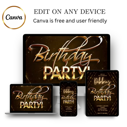 Editable gold glitter any age birthday video invitation displayed on a mobile phone, featuring an animated vertical digital invite with music, created in Canva. This premium video invitation template is designed for sharing by text, email, and social media and works with an interactive RSVP website for easy guest response tracking.
