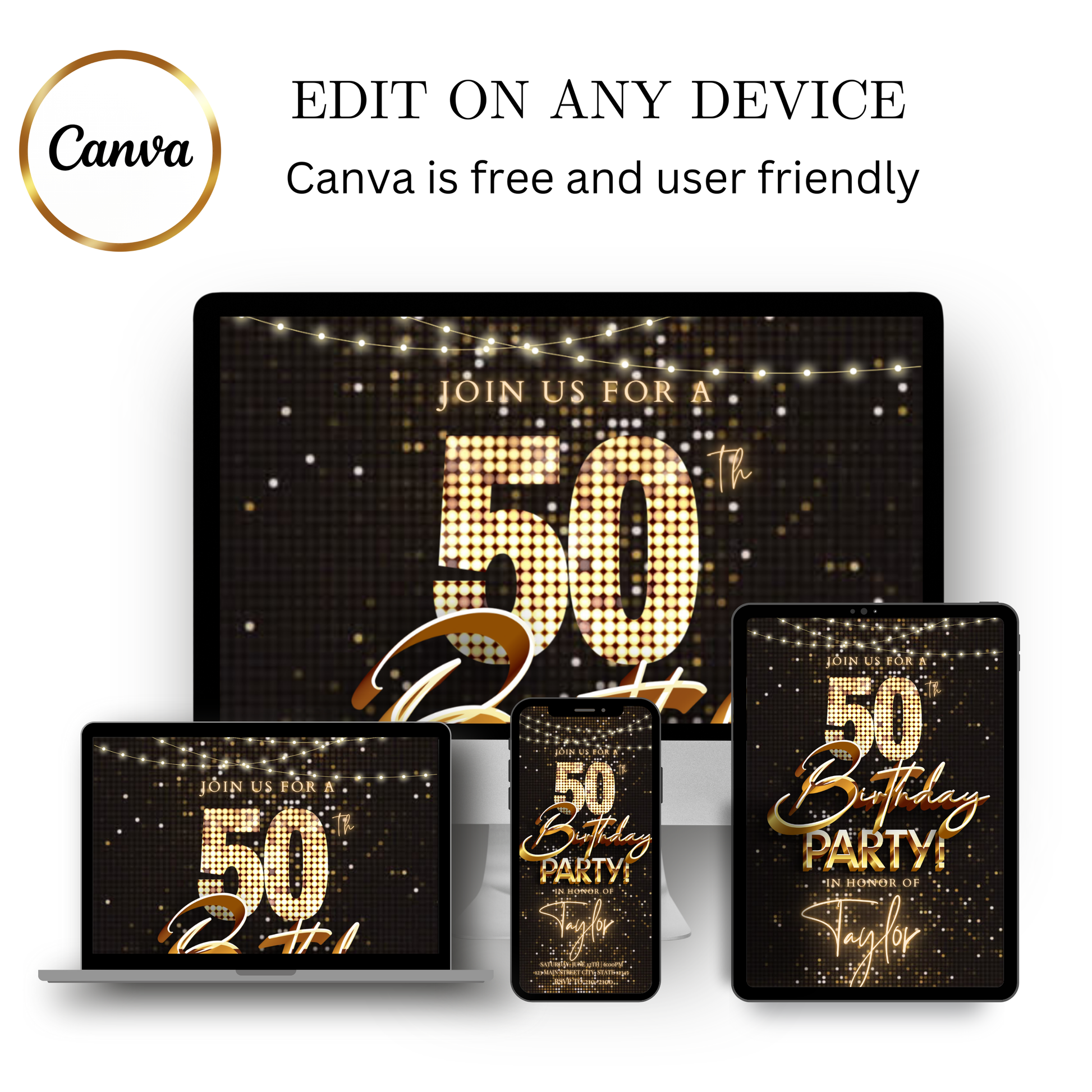 Editable black gold sequin 50th birthday video invitation displayed on a mobile phone, featuring an animated vertical digital invite with music, created in Canva. This premium video invitation template is designed for sharing by text, email, and social media and works with an interactive RSVP website for easy guest response tracking.