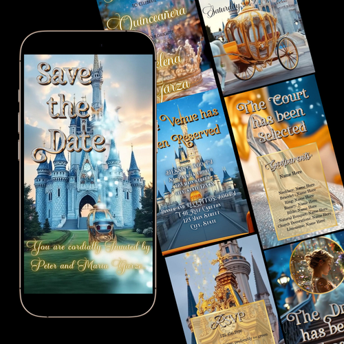 Editable cinderella fairytale quinceañera event video invitation displayed on a mobile phone, featuring an animated vertical digital invite with music, created in Canva. This premium video invitation template is designed for sharing by text, email, and social media and works with an interactive RSVP website for easy guest response tracking.