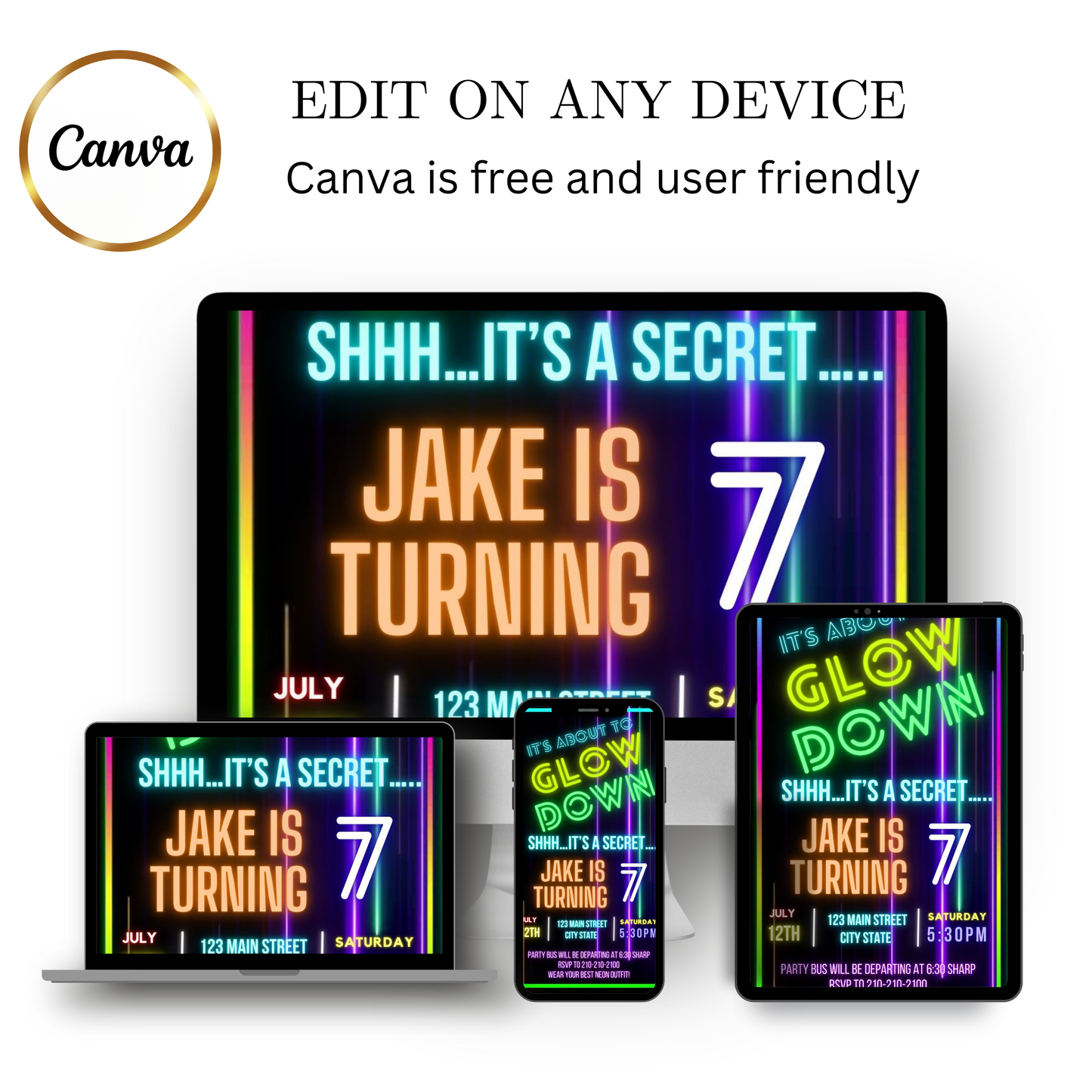 Editable neon glow down birthday video invitation displayed on a mobile phone, featuring an animated vertical digital invite with music, created in Canva. This premium video invitation template is designed for sharing by text, email, and social media and works with an interactive RSVP website for easy guest response tracking.