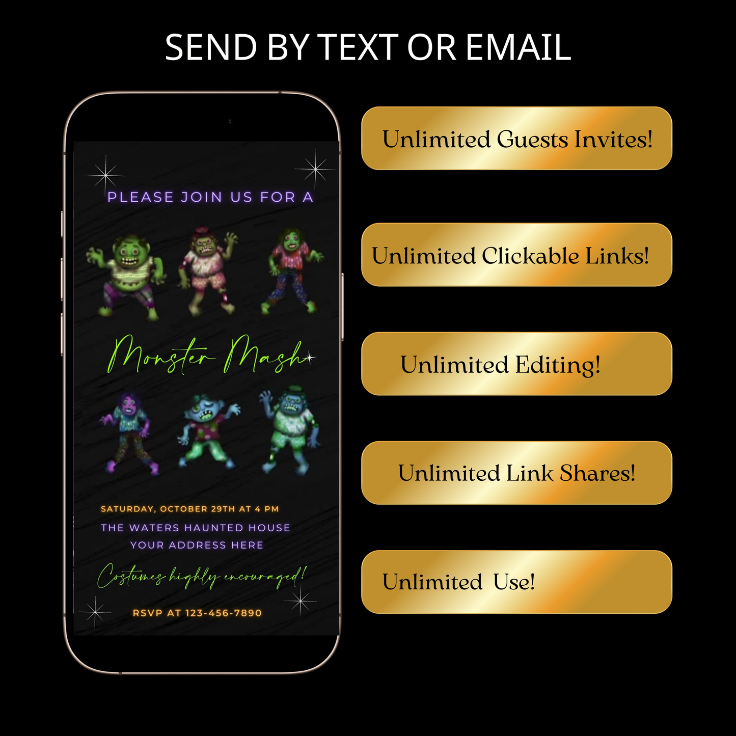 Editable monster mash halloween party party video invitation displayed on a mobile phone, featuring an animated vertical digital invite with music, created in Canva. This premium video invitation template is designed for sharing by text, email, and social media and works with an interactive RSVP website for easy guest response tracking.