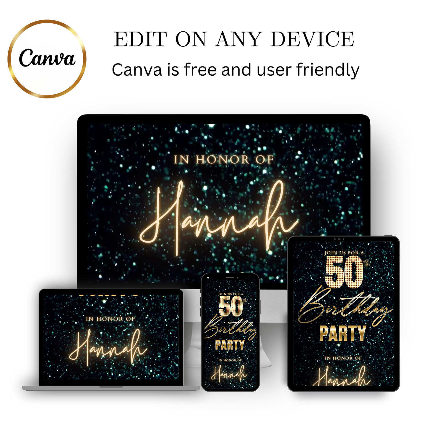 Editable teal green 50th birthday video invitation displayed on a mobile phone, featuring an animated vertical digital invite with music, created in Canva. This premium video invitation template is designed for sharing by text, email, and social media and works with an interactive RSVP website for easy guest response tracking.